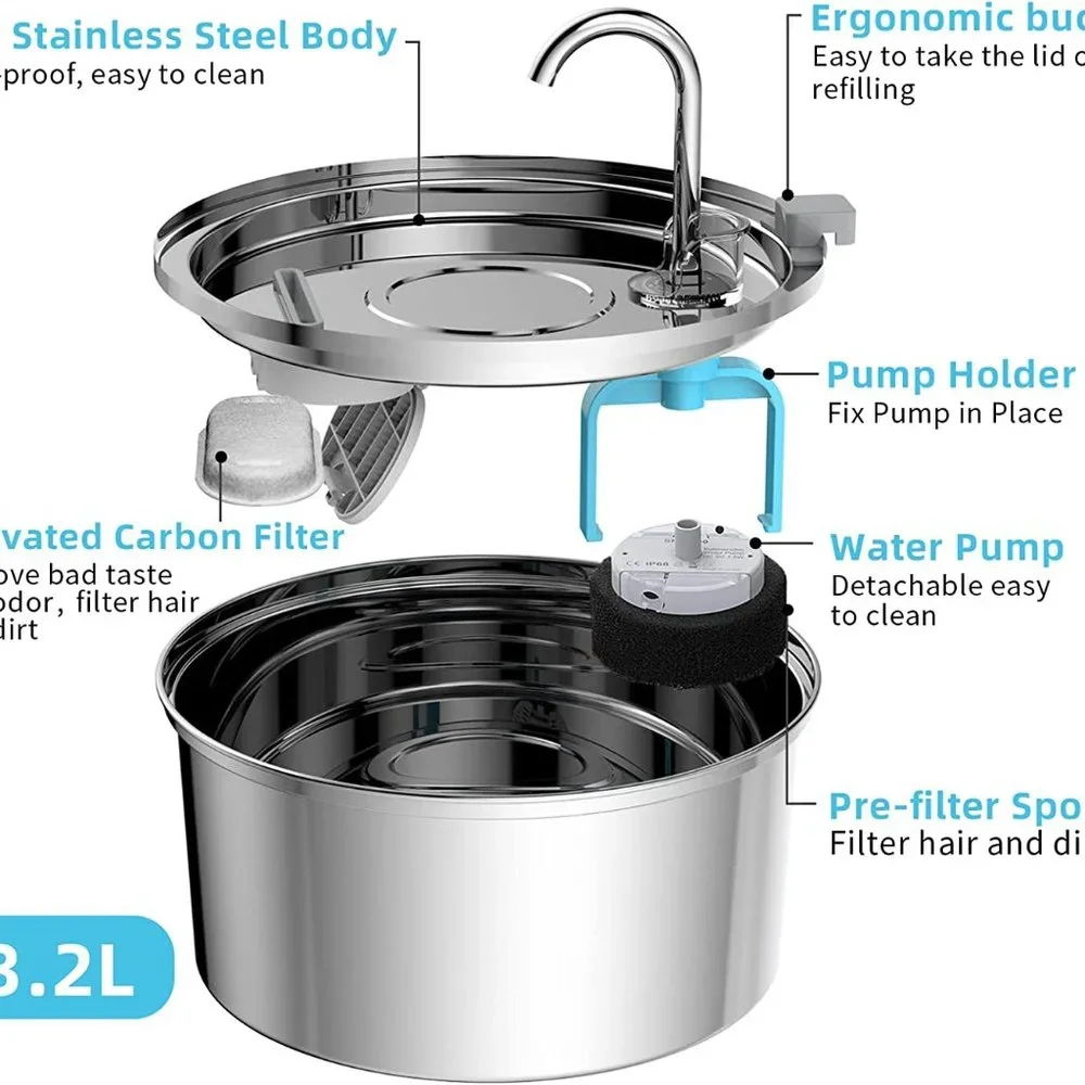 Cat Water Fountain, 3.2L108oz Automatic Stainless Steel Pet Fountain Dog Water